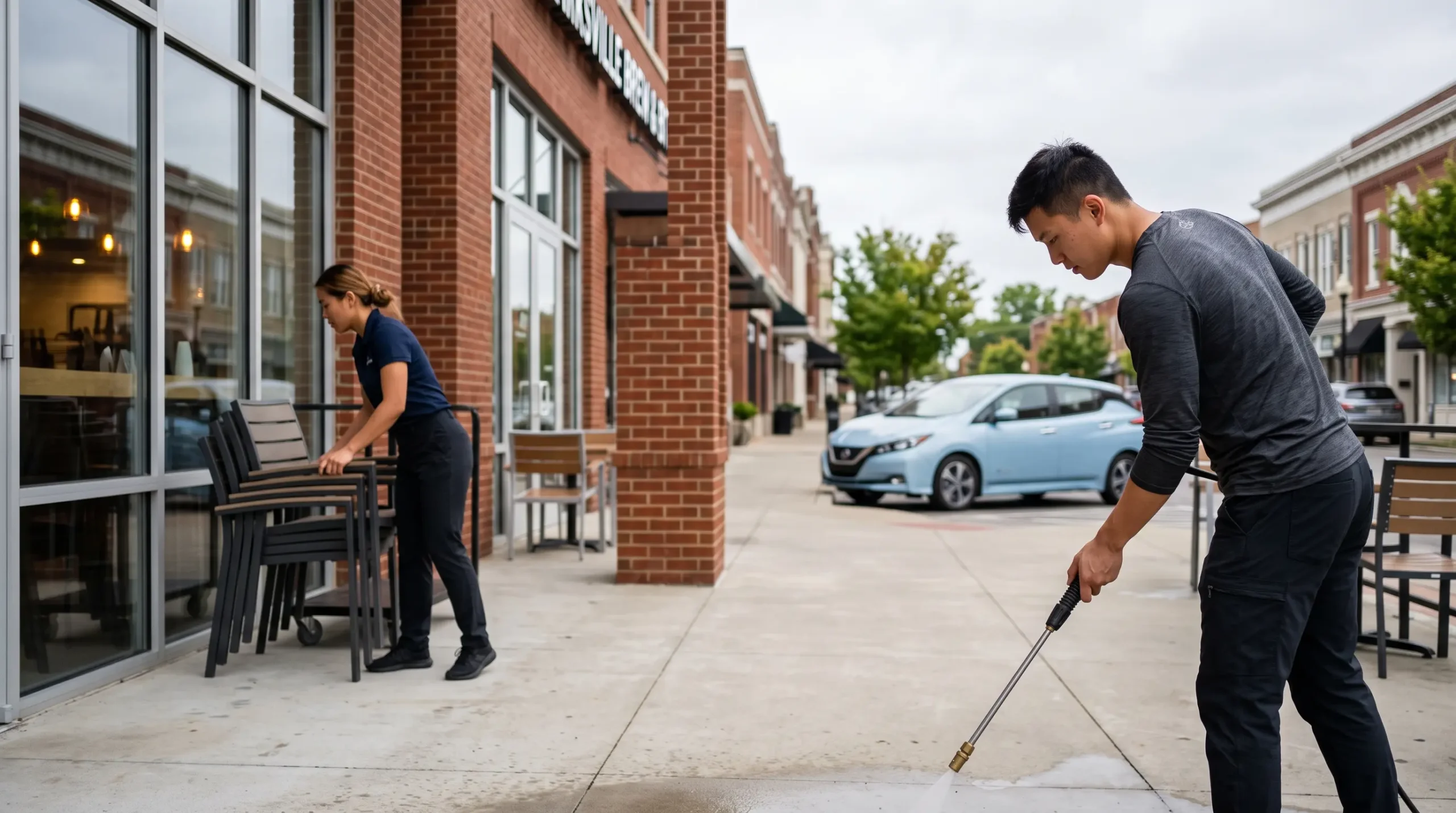 A man pressure washes a sidewalk while a woman stacks patio chairs outside a brick storefront.